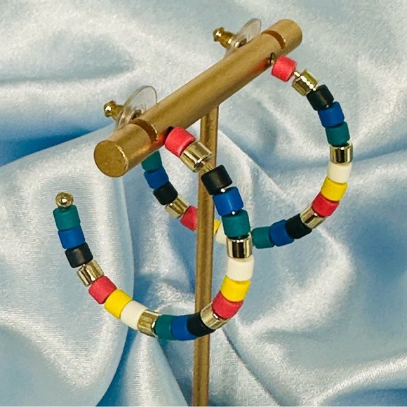 Colorful Beaded Hoop Earrings | Rainbow Statement Hoops 1.5" - Picture 7 of 9